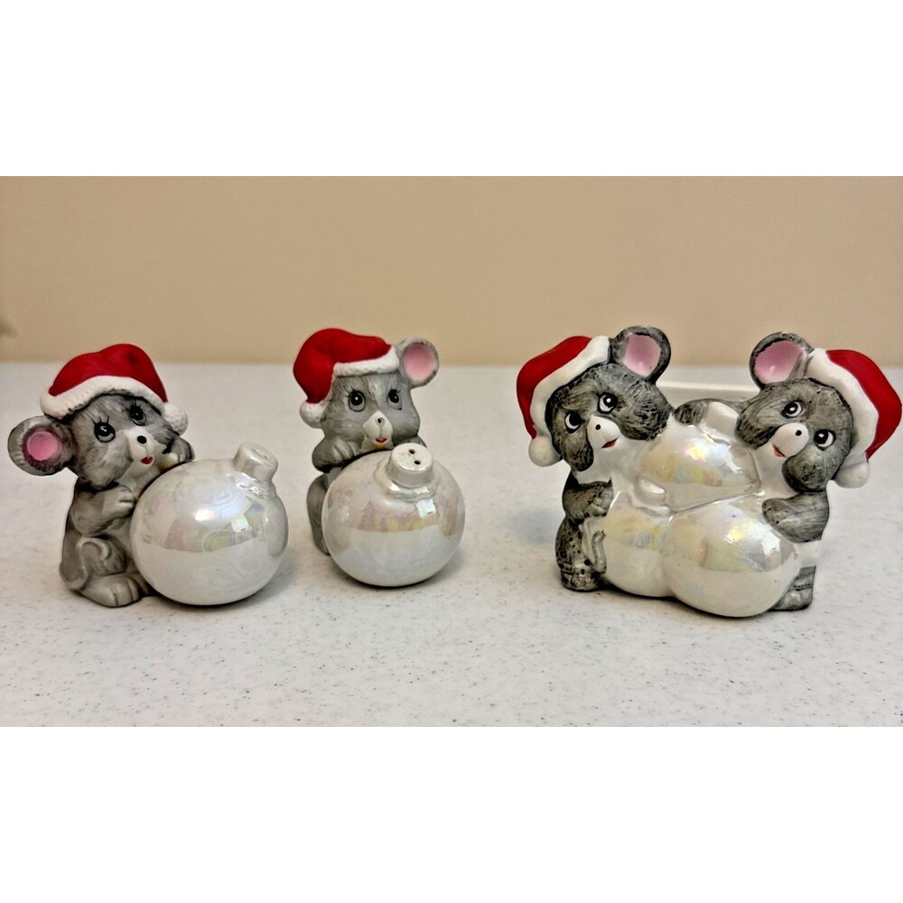 House of Lloyd Mice Mouse Salt Pepper Shakers & Napkin Holder 1986 Vintage Xmas